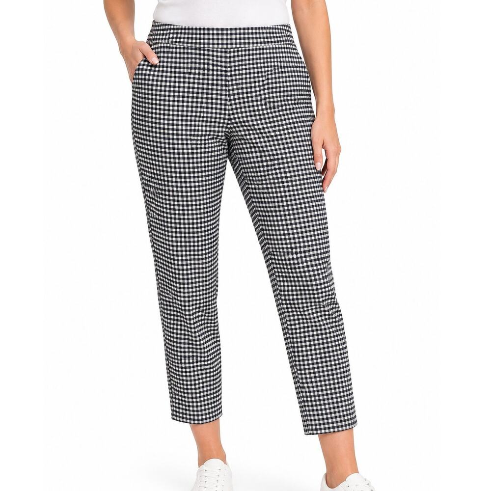 Nanette Lepore Plaid Pull On Pants Womens XL Black White Stretch Slim Ankle